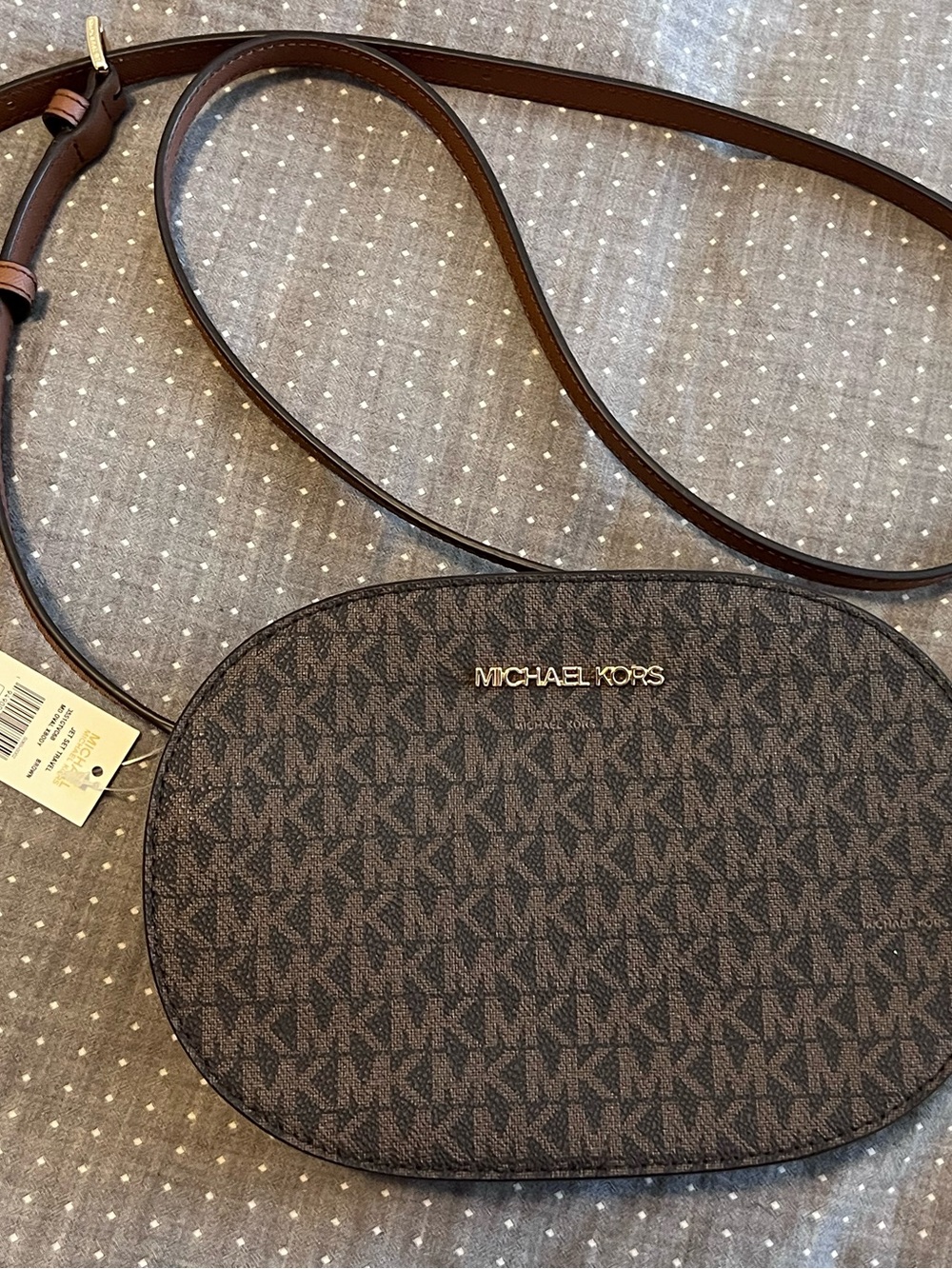 Brand New! Michael Kors Dark Brown MK Logo Oval Crossbody with Gold Hardware